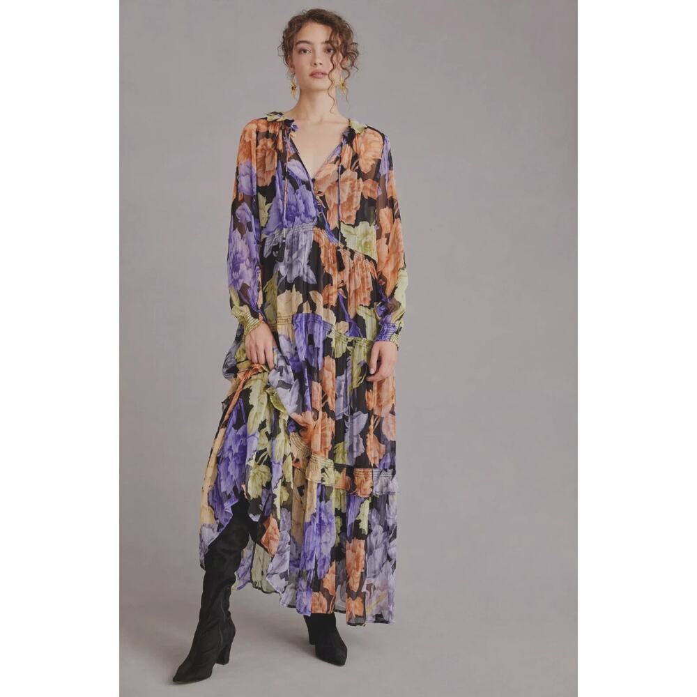 ANTHROPOLOGIE Marais Printed Chiffon Maxi Dress Purple Floral Sz 1X $168 {MM53} - Picture 3 of 12